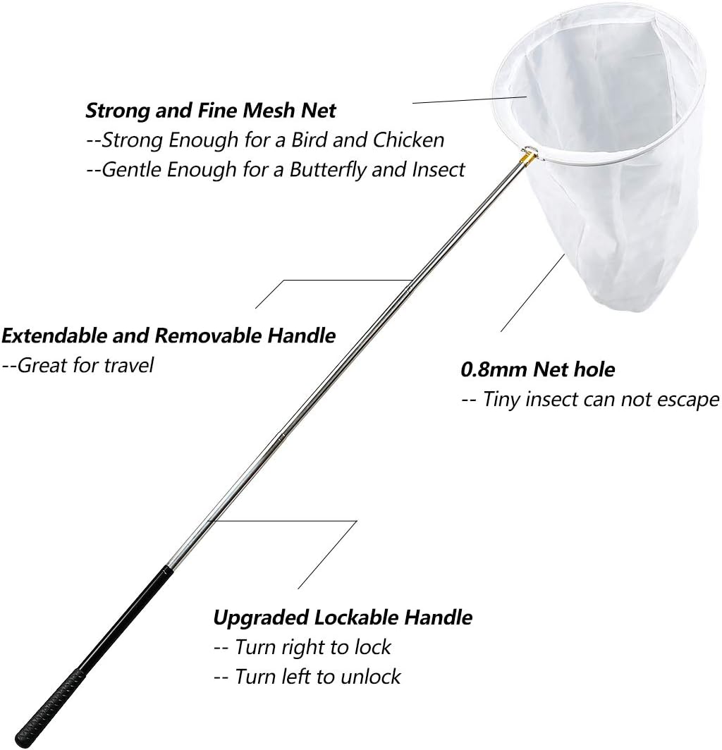 RESTCLOUD Professionelles Insekten- und Schmetterlingsnetz mit 35,6 cm Ring, 66 m Netztiefe, 150 cm