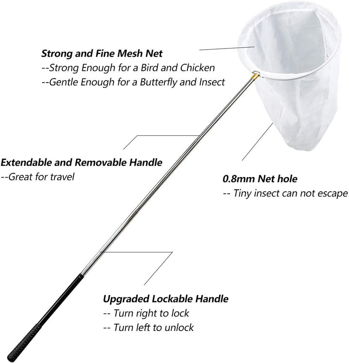 RESTCLOUD Professionelles Insekten- und Schmetterlingsnetz mit 35,6 cm Ring, 66 m Netztiefe, 150 cm