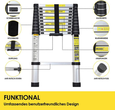 Randaco Aluminium Teleskopleiter, 2,6M Rutschfester Aluleiter Schiebeleiter Sprossenleiter, Ausziehl