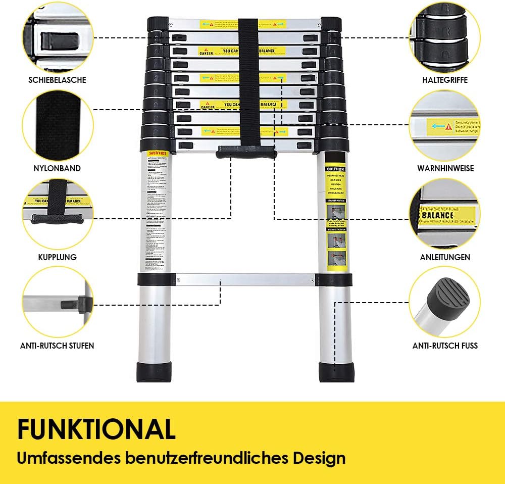 Aluminium Teleskopleiter, 2.6M Ausziehbare Leiter, Rutschfester Aluleiter Stehleiter Mehrzweckleiter