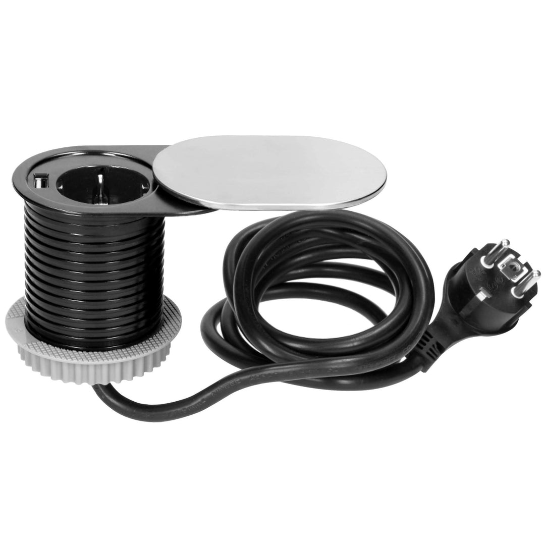 Orno AE-13124 Versenkbare Einbau Steckdosenleiste 1 Fach mit 1x USB-Ladegerät 1,9m Kabel Schwarz