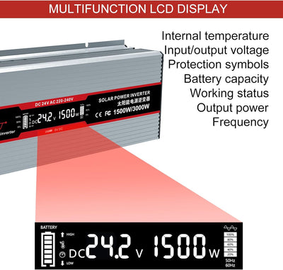 DATOUBOSS Wechselrichter 24v auf 230v Reiner Sinus 1500W/3000W Spannungswandler mit LCD-Display,USB