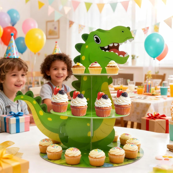 Dinosaurier-Cupcake-Ständer, Dreistöckiges Cartoon-Design, Ideal für Geburtstagsfeiern, Taufen und A
