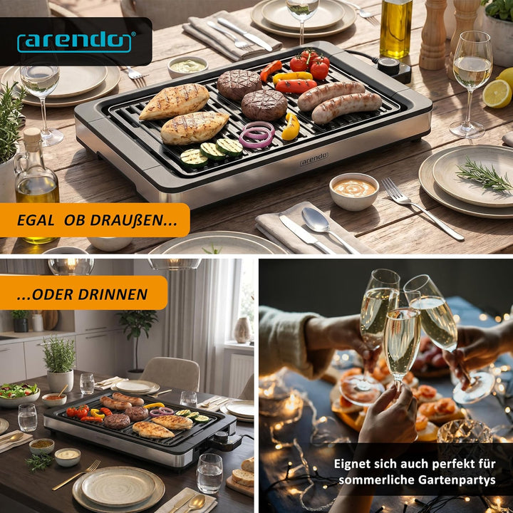 Arendo - Tischgrill Elektrogrill Edelstahl - bis 250 Grad - Steaks, Würstchen, Fisch, Meeresfrüchte,
