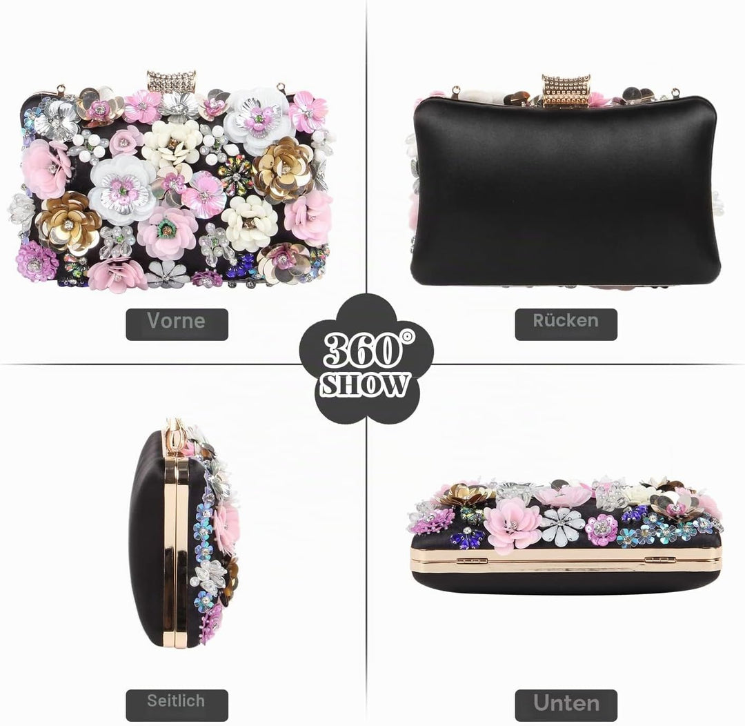 Fecialy Blumen-Clutch-Abendtaschen für Damen mit bunten Blumen-Metall-Strasssteinen Abend-Clutch-Gel