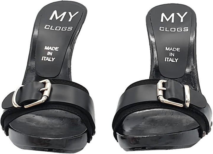 Kiara Shoes Schwarze Clogs mit Riemen und Absatz 12 cm - MY7544 Nero 35 EU Schwarz, 35 EU Schwarz