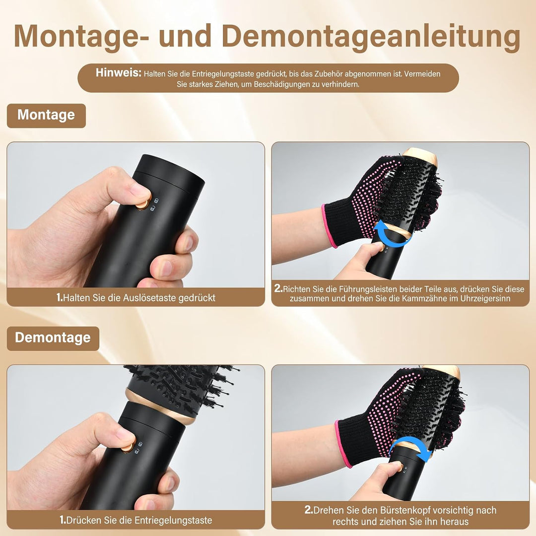 6 in 1 Airstyler Set, Föhnbürste, Faltbare lonen Föhn, Warmluftbürste, Automatischer Lockenstab, Glä