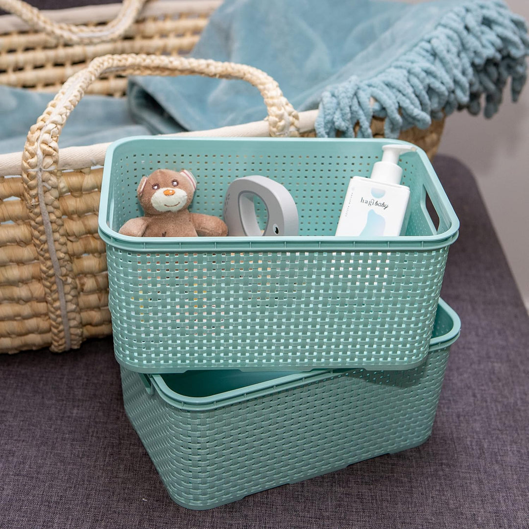 BranQ - Home essential Korb in Rattan Design 3er Set Grösse S 7l, BPA-frei Kunststoff PP, Minze, 28,