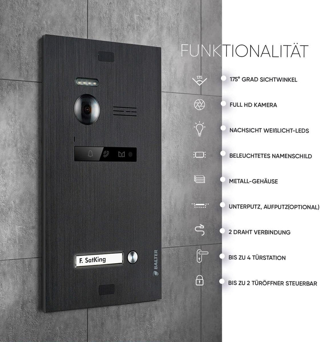 Balter EVO HD Schwarz/Weiss WiFi Video Türsprechanlage Set für 1 Familienhaus (1x Türstation mit Ful