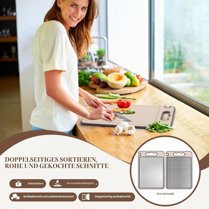 Edelstahl Schneidebrett 2er Set – Doppelseitig aus Edelstahl & Weizenstroh, 36,5 × 24,8 cm – Antibak