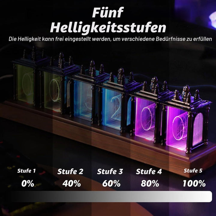 Nixie Tube Clock, RGB LED Röhrenuhr, LED Nixie Uhr, 12/24-Stunden-Anzeige, einstellbare Helligkeit u