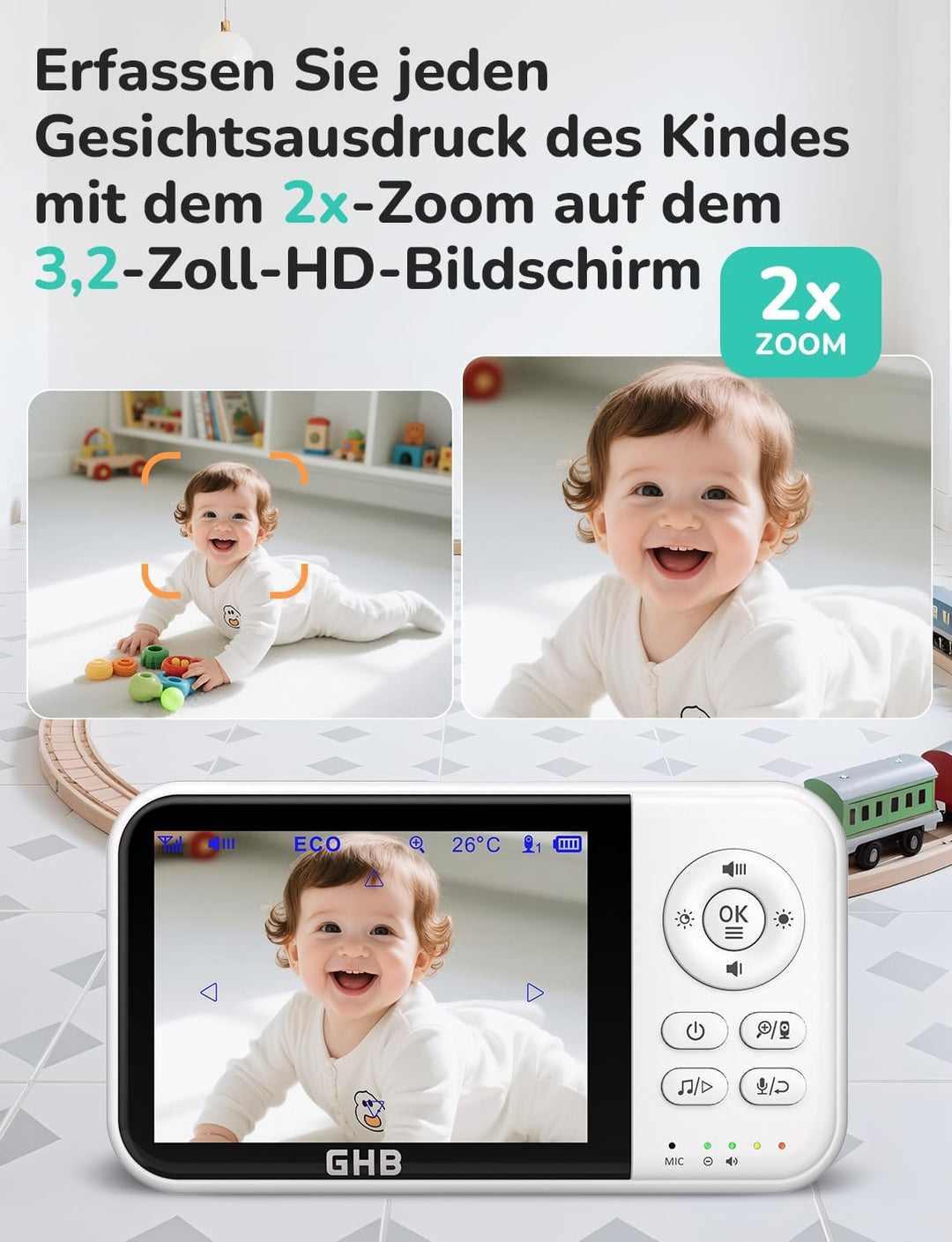 GHB Babyphone mit Kamera Baby Monitor 3,2 Zoll LCD 2100 mAh Akku 2X Zoom Temperatursensor Nachtsicht