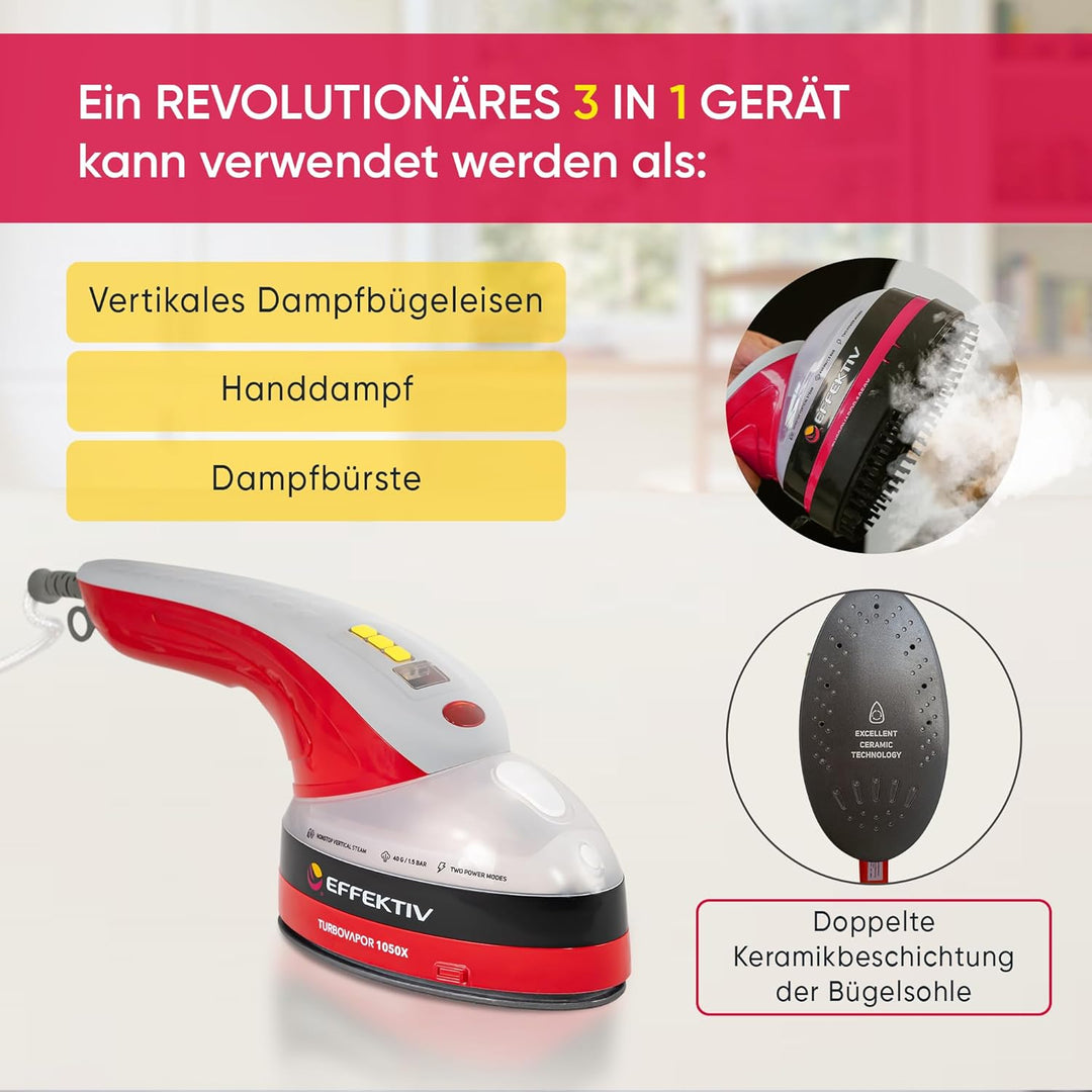 Dampfglätter EFFEKTIV TurboVapor 1050X, Kontinuierlicher Dampf 400mg/min, 3in1 Ultra-Kompakt Dampfbü