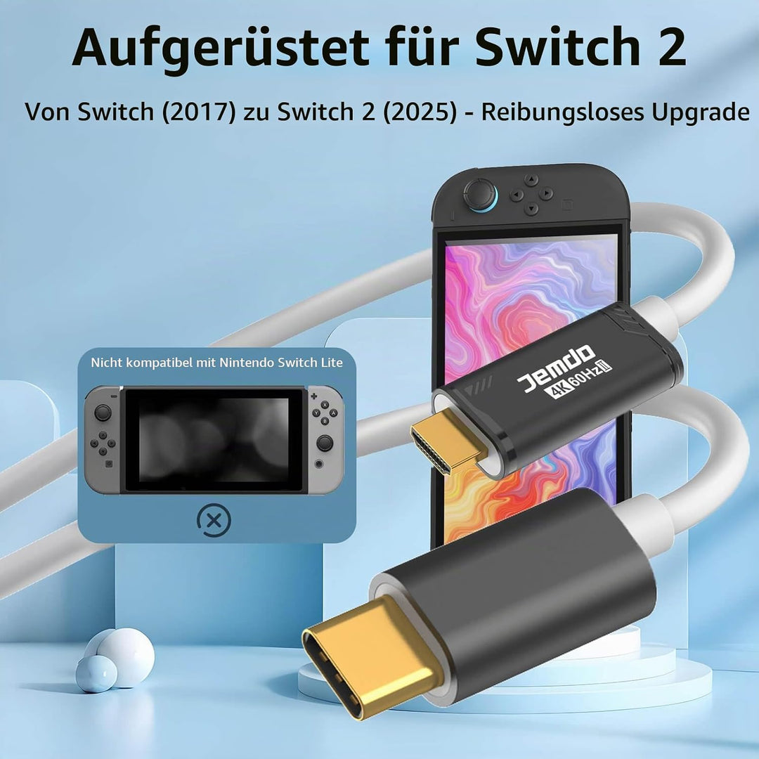 JEMDO Switch 2 Dock HDMI Kabel für Fernseher, 4K 60Hz 18 Gbps USB C zu HDMI 2.0 2m, 100W PD Spielen