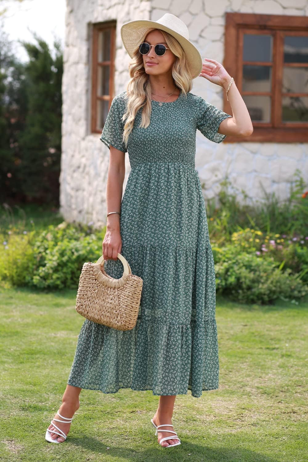 BTFBM Lässiges Sommerkleid für Damen, kurzärmelig, mit Rundhalsausschnitt, Boho-Stil, mit Blumendruc