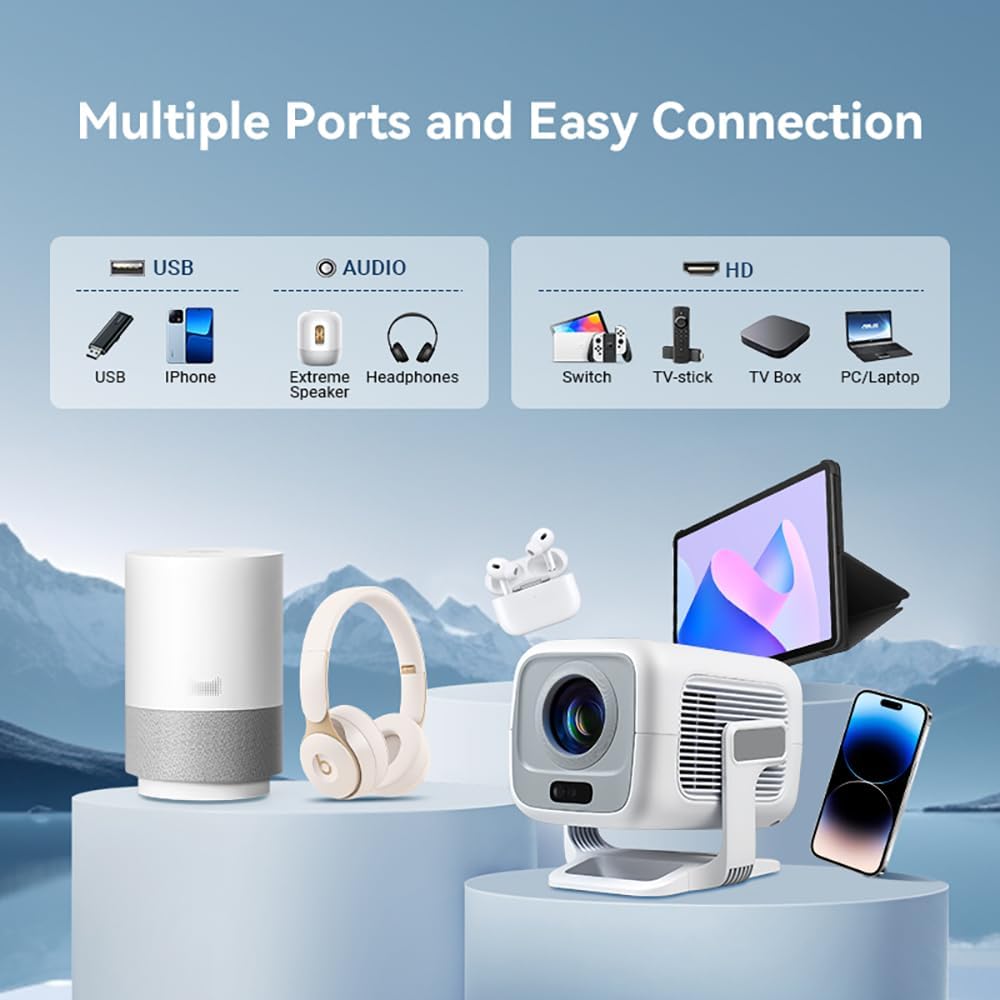 Mini Projektor [Eingebettete App] Autofokus Tragbarer Video-Beamer 4K UHD WiFi 6 BT5.2 Heimkino-Trag