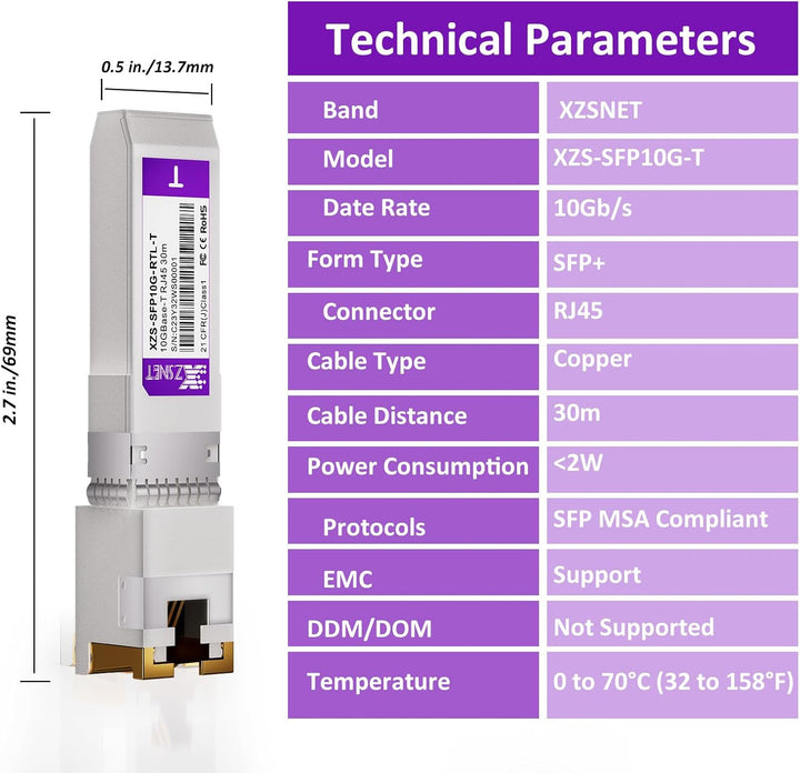 10G SFP+ auf RJ45 Modul, 1/2,5/5/10 Gb Multi-Rate 10GBASE-T Module, unterstützt Cat6a/7 bis zu 30m,