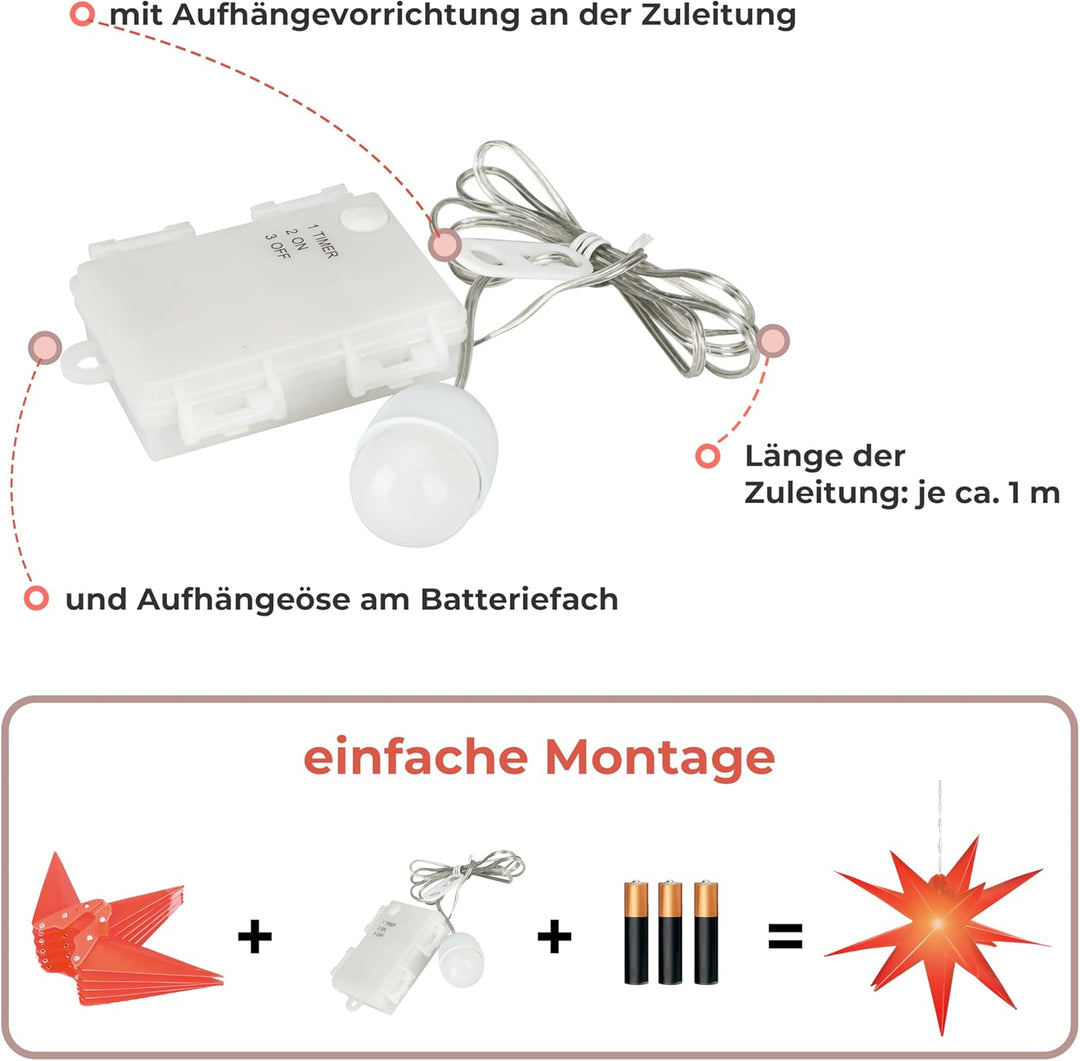 Leuchtstern 3D mit LED Beleuchtung | 3er Set | rot | Ø 27 cm| 3D Stern mit 15 Spitzen | wetterfest |
