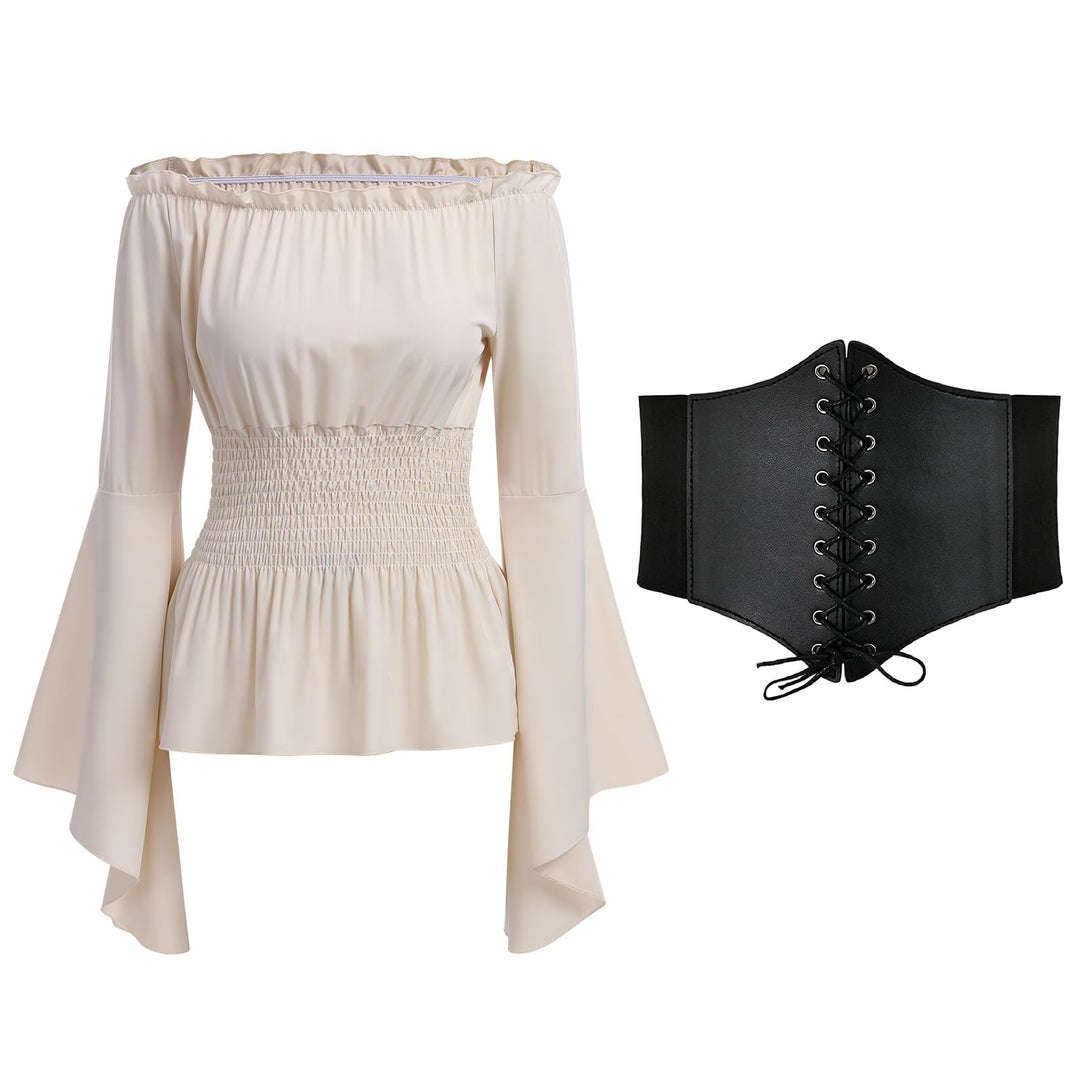 Odizli Mittelalter Kleidung Damen Gothic Steampunk Langarm Off Shoulder Corsett Top + Gürtel Viktori