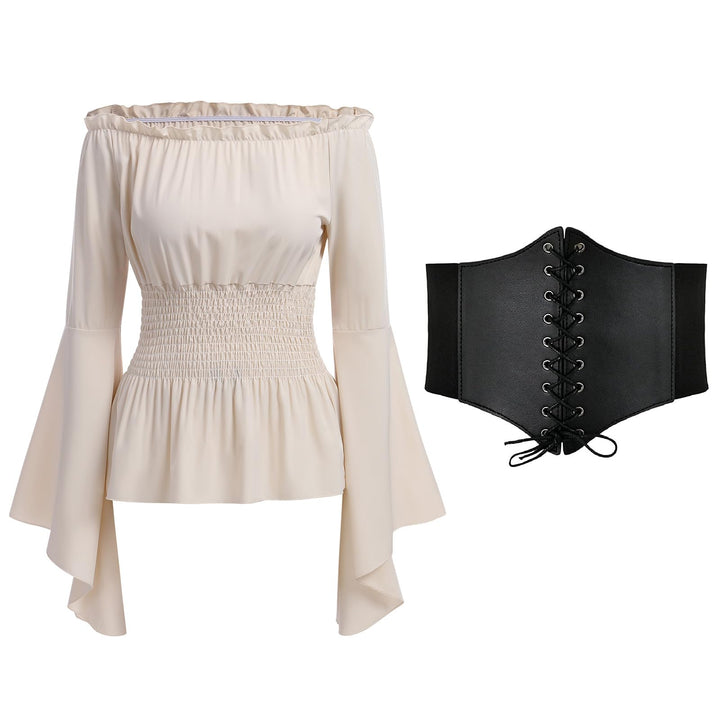 Odizli Mittelalter Kleidung Damen Gothic Steampunk Langarm Off Shoulder Corsett Top + Gürtel Viktori