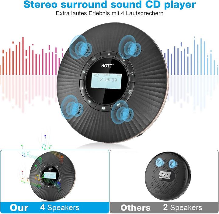 HOTT CD Player Tragbar Bluetooth CD-Player mit 4 Lautsprecher und FM-Transmitter, Tragbarer CD Playe