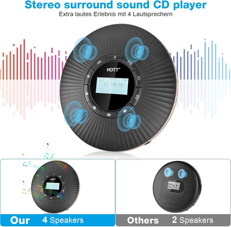 HOTT CD Player Tragbar Bluetooth CD-Player mit 4 Lautsprecher und FM-Transmitter, Tragbarer CD Playe
