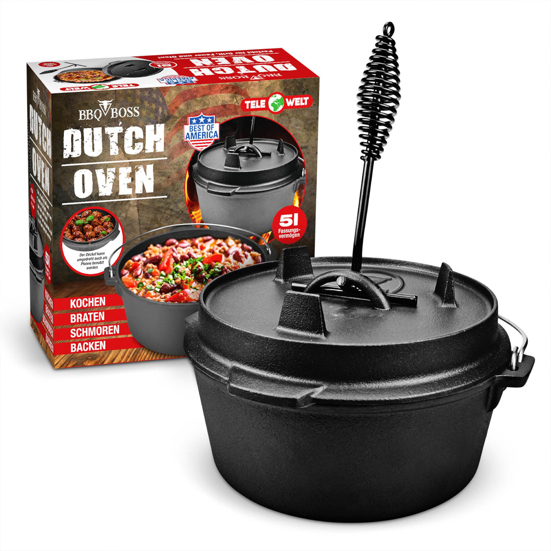 BBQ BOSS Dutch Oven [5L Kapazität] Gusseisen – Topf – Schmortopf – cast iron – Feuertopf – Gulaschke