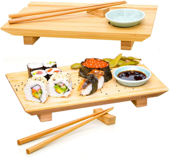 DuneDesign Sushi Geschirr Set 2 Personen - 27x16x4 Sushi Brett Bambus Bank Geschirr Komplettset Sush