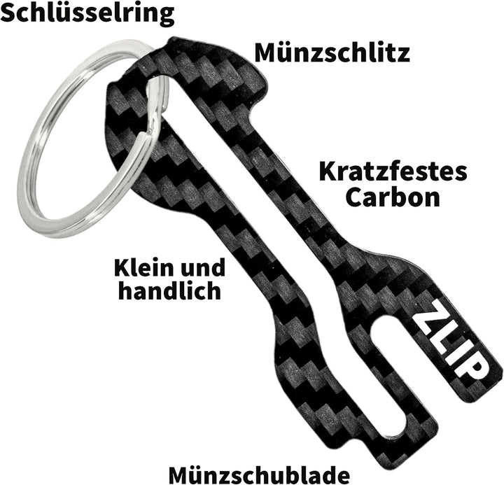 ZLIP® and Slide | Einkaufswagenlöser Carbon mit Schlüsselring | Einkaufswagenlöser für ALLE Einkaufs