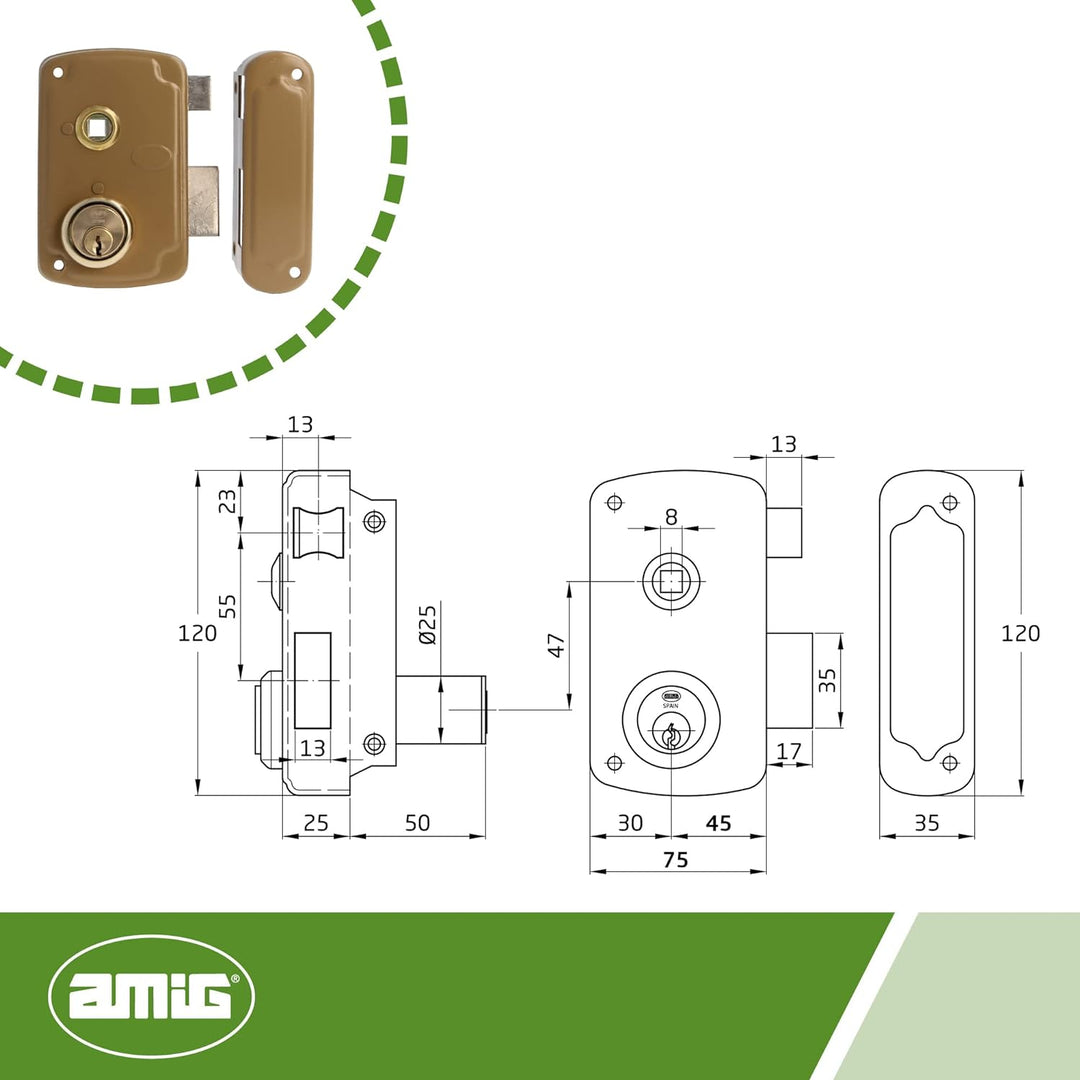Amig - Rechts Überfüllschloss mit Hebel und Zunge für Holztüren Mod. 75UN | 76 x 120 mm | Sicherheit