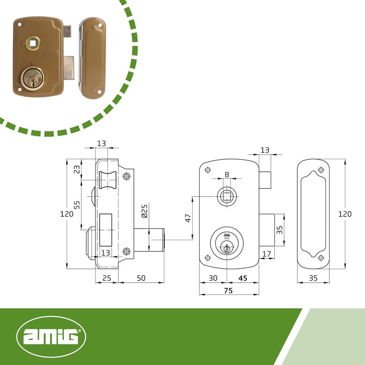 Amig - Rechts Überfüllschloss mit Hebel und Zunge für Holztüren Mod. 75UN | 76 x 120 mm | Sicherheit