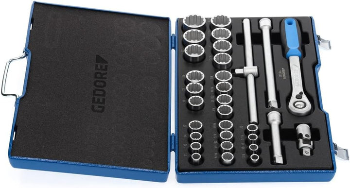 GEDORE Steckschlüsselsatz, Set 31tlg,12-kant, 1/2 Zoll, Werkzeug, Knarre Umschalthebel Inbus, für KF