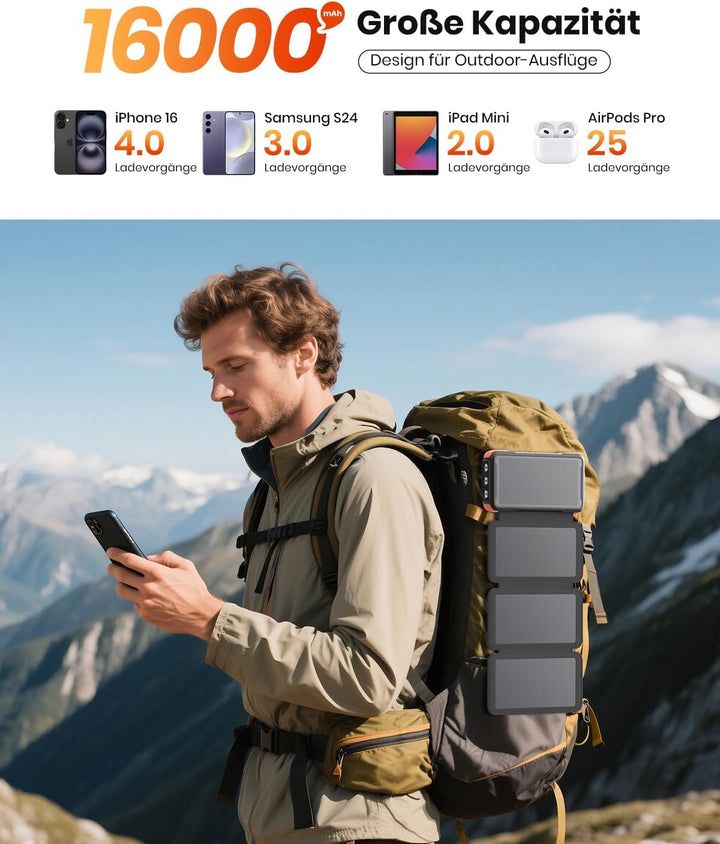 A ADDTOP Solar PowerBank Wireless - 16000mAh Power Bank mit 3 Integrierten Kabelns - 20W Schnelllade