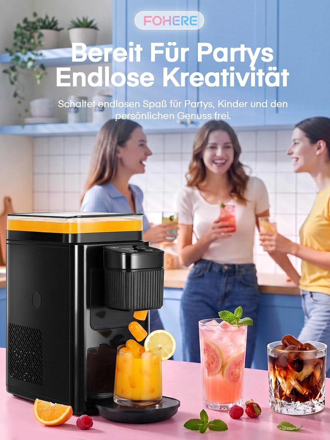 FOHERE Eiswürfelmaschine für Geschmack, Jedes Getränk zu Eiswürfeln, 5 Eiswürfel in 5 Min, 11 KG in