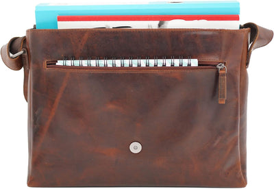 ALMADIH Leder Umhängetasche braun Vintage aus Rindsleder - Ledertasche mit gepolstertem Laptop Fach,