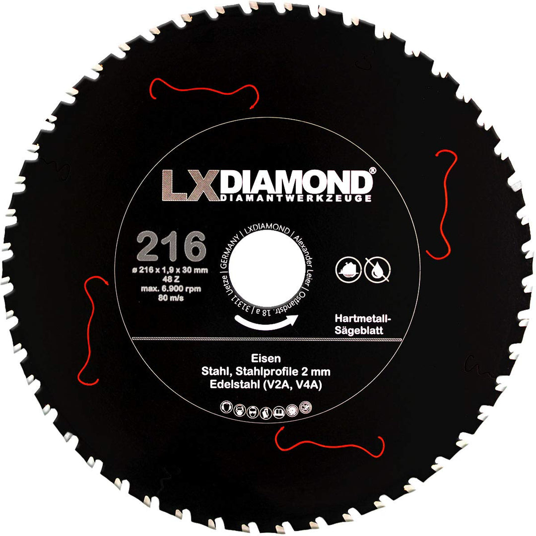 LXDIAMOND Hartmetall Sägeblatt 216mm x 30,0mm Z48 für Eisen Stahl Edelstahl V2A V4A Stahlprofile Ble
