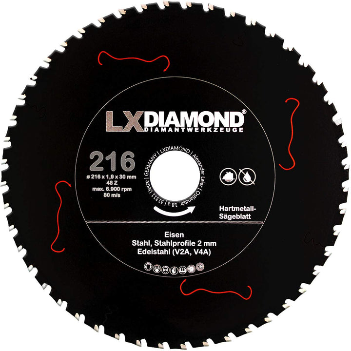 LXDIAMOND Hartmetall Sägeblatt 216mm x 30,0mm Z48 für Eisen Stahl Edelstahl V2A V4A Stahlprofile Ble