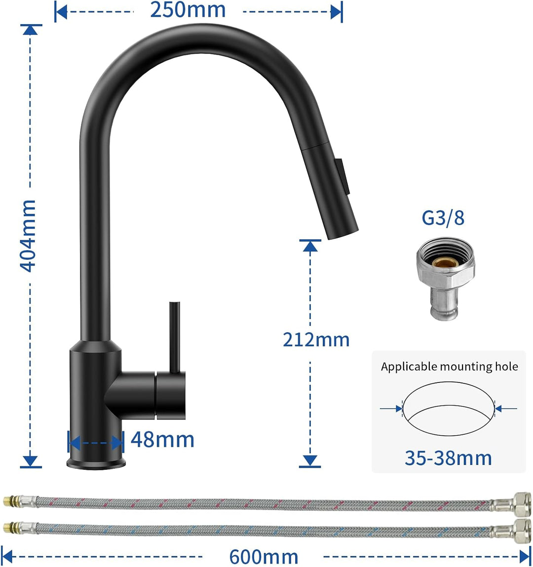 CECIPA Wasserhahn Küche Schwarz, Mischbatterie Küche mit Hohem Bogen, Hochdruck Küchenarmatur mit Br
