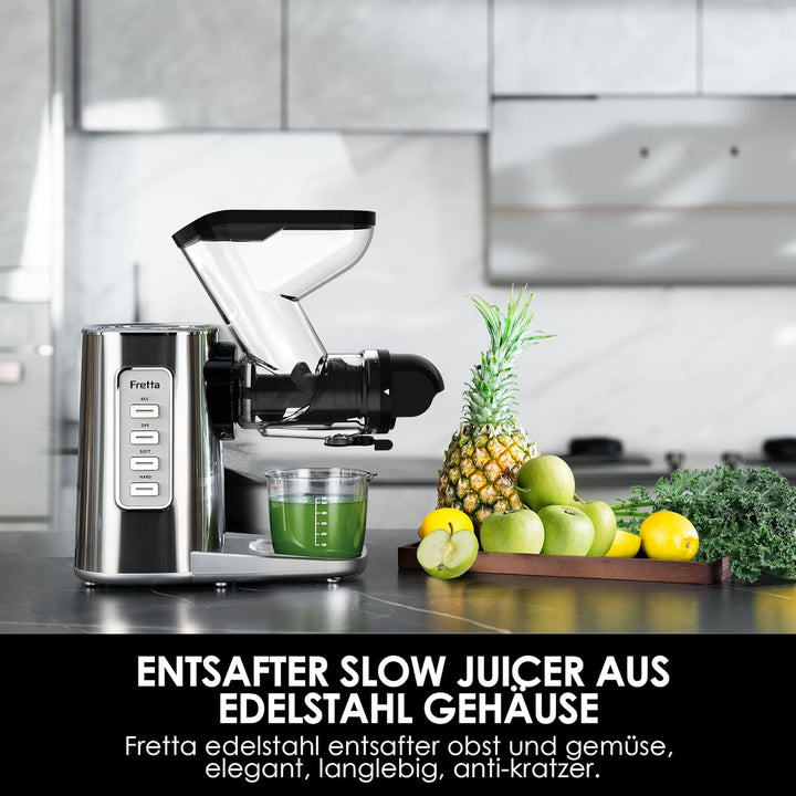 Fretta Entsafter Slow Juicer, Edelstahl Entsafter Gemüse und Obst Testsieger, 200W Cold Press Juicer