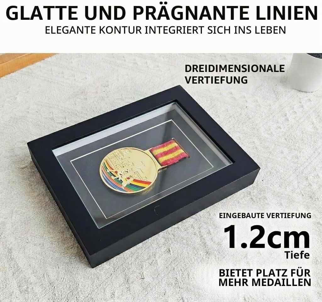 Medaillen-Vitrine – schwarze Holz-Medaillen-Schattenbox mit Glasfront, Militär-Medaillenbox für Spor