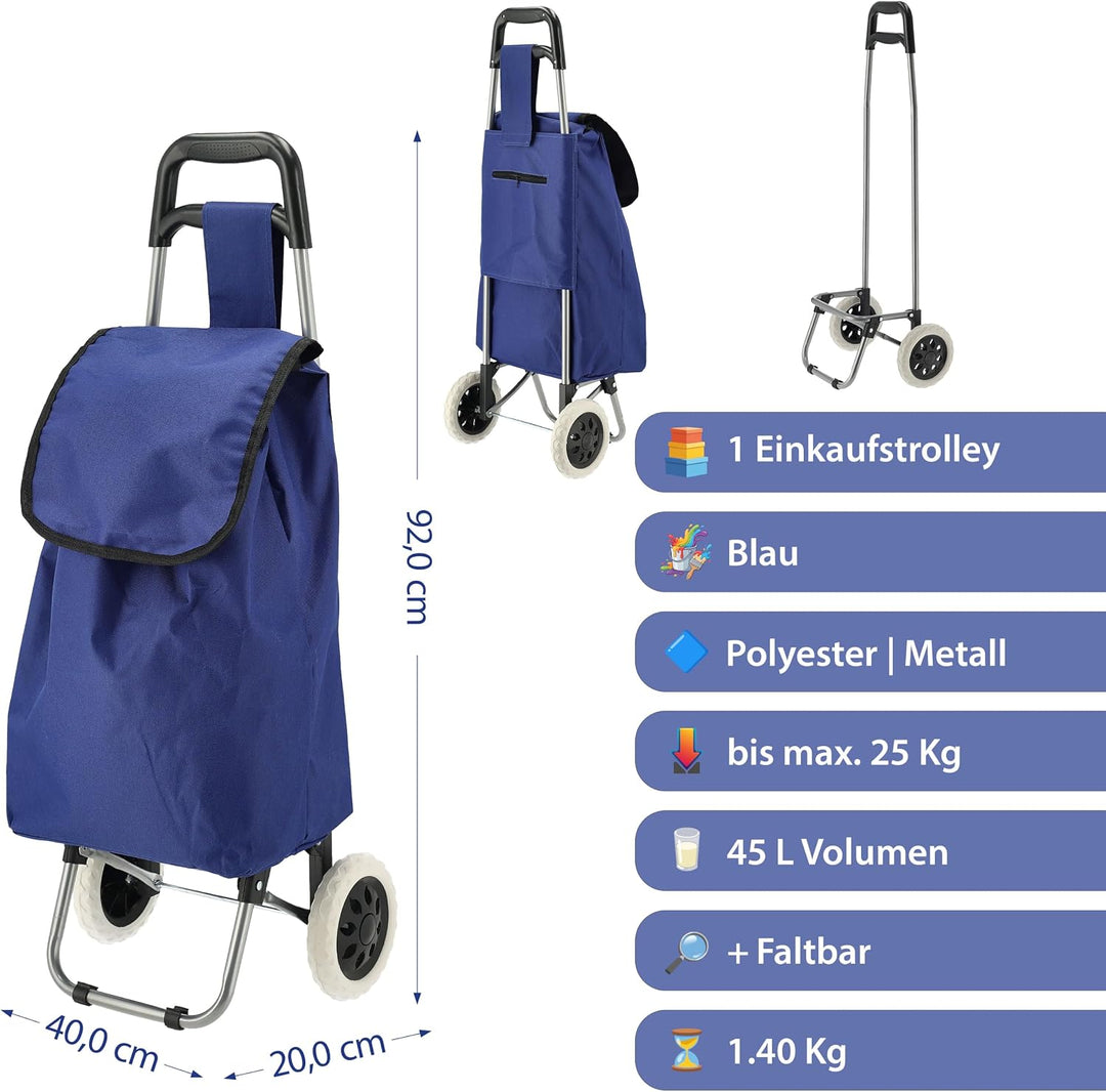 Einkaufstrolley blau | Volumen 45L 40x92x20cm Polyester Metallgestell | Einkaufswagen auf Rollen | R