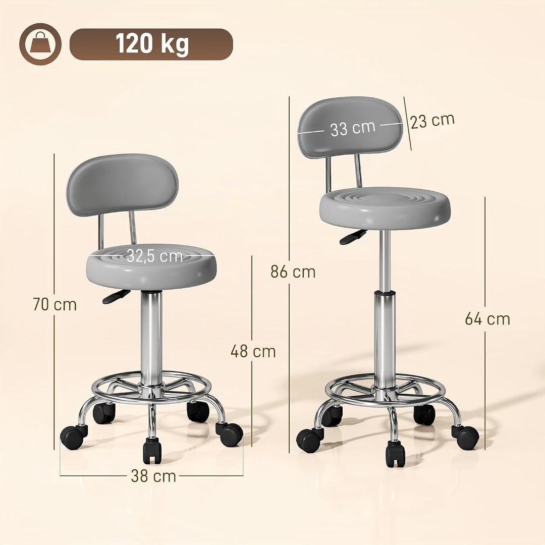 HOMCOM Rollhocker höhenverstellbar Drehhocker Drehbar Salon Hocker mit Lehne, Rädern, Arbeitshocker