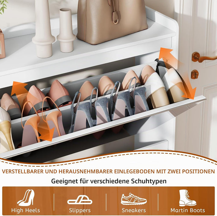 Vlsrka Schuhschrank mit Spiegel, Schuhschrank Holz mit 2 Klappen, Schuhkipper Schmal für 16 Paar Sch