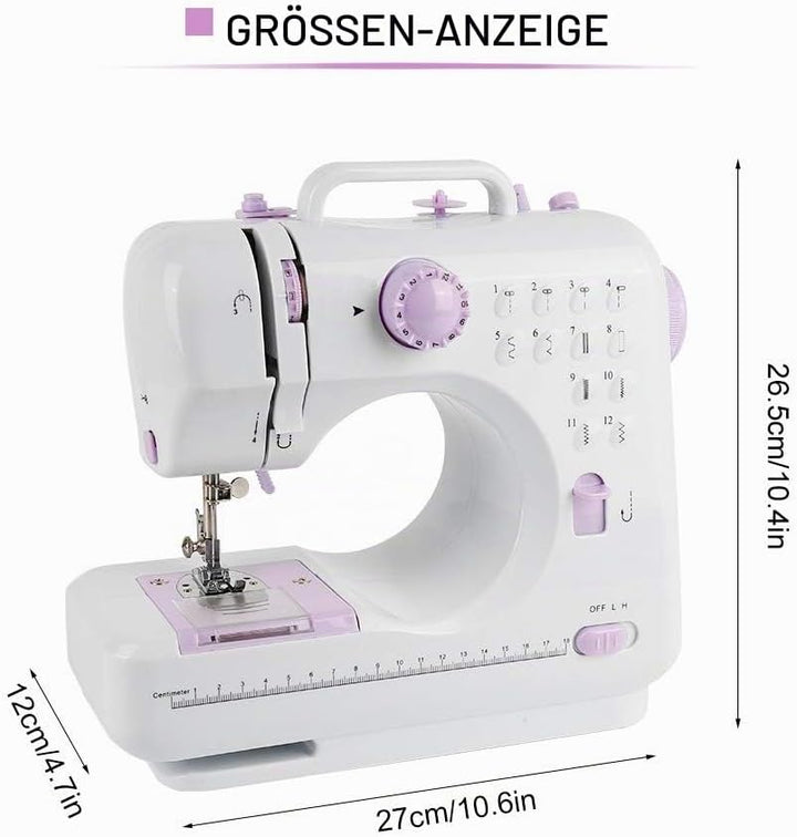 12 Stichmuster Nähmaschine für Kinder und Anfänger, Mini-Nähmaschine mit Fusspedal, Arbeitslicht, Zu