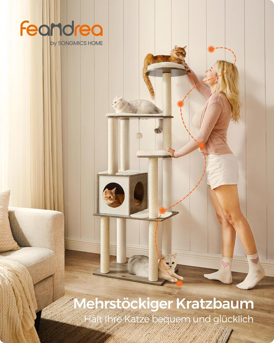 Feandrea Kratzbaum, 165 cm hoher moderner Katzenbaum, Katzenhaus mit 5 Kratzsäulen, waschbare abnehm