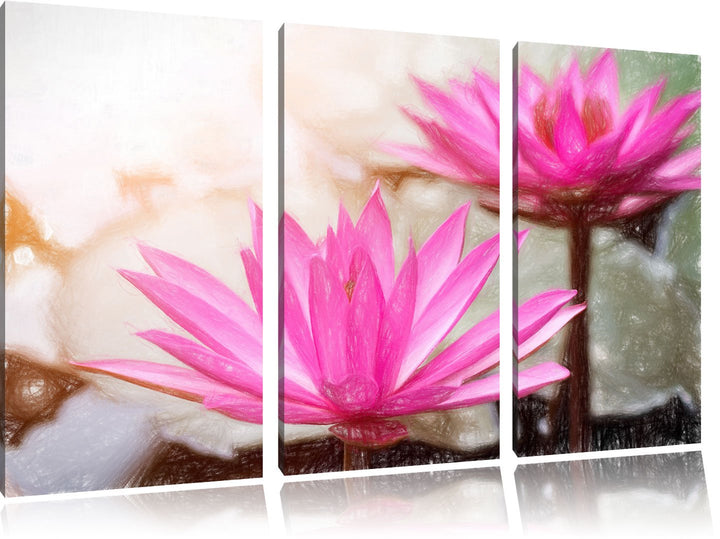 Pixxprint Lilafarbene Wasserlilie Kunst Buntstift Effekt 3-Teiler Leinwandbild 120x80 Bild auf Leinw