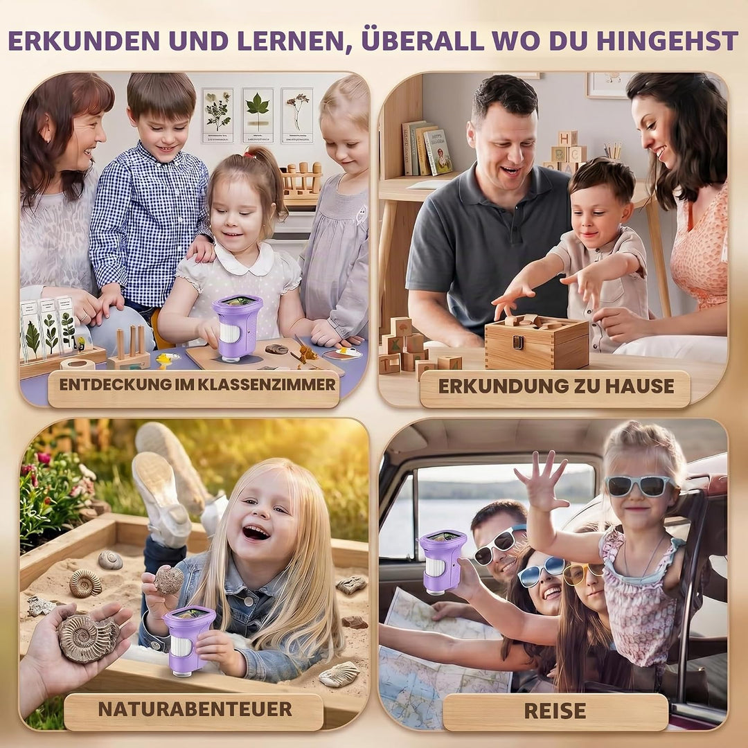 Mikroskop für Kinder, 1000X 4K Digitalmikroskop mit IPS-Display, 8 LED Licht, USB-aufladbar, Tragbar