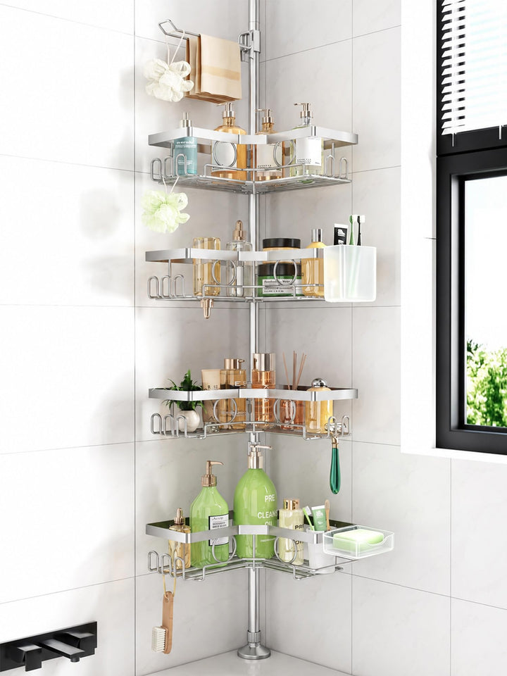 Teleskop Duschablage ohne Bohren, Duschregal Badezimmer Organizer, 4-Stufiges Teleskopregal Bad Eckr