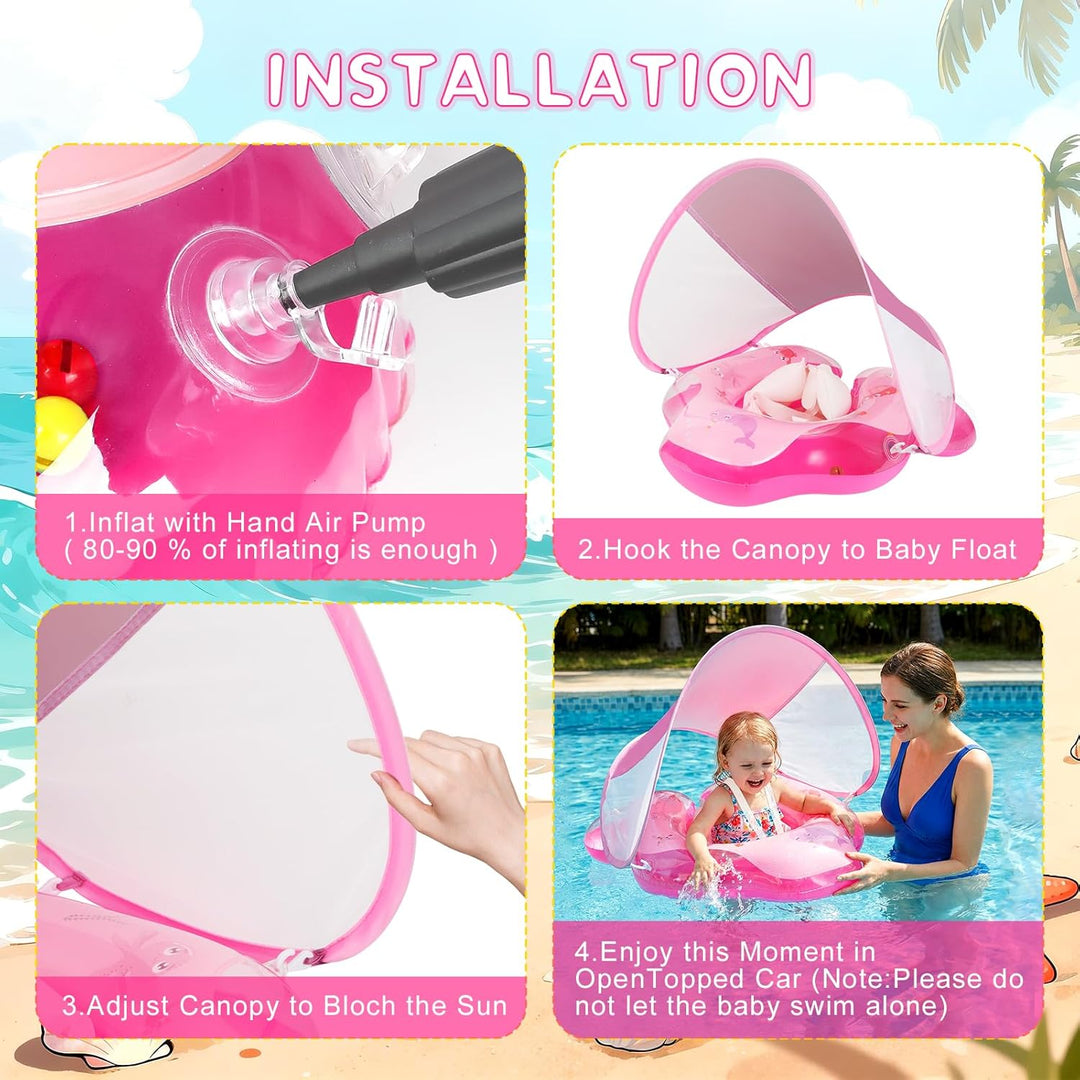 Baby Schwimmring mit abnehmbarem Sonnenschutz und Glöckchen, inklusive 1 x Handpumpe und 2 x Reparat