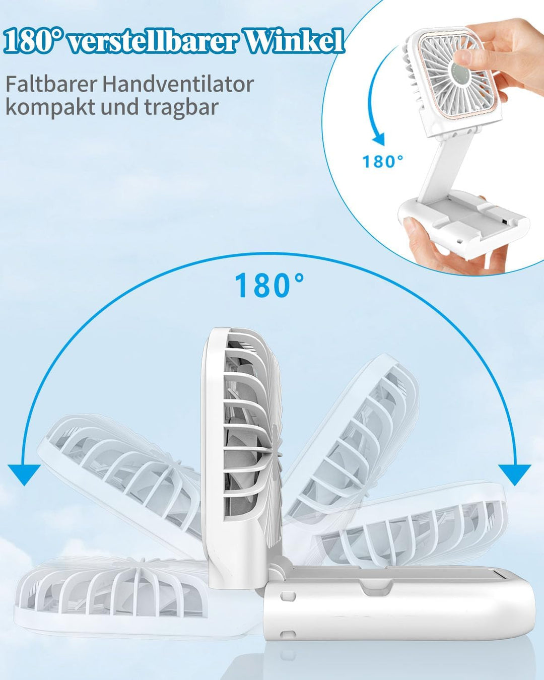 DDKJ Handventilator, Tragbarer Mini Ventilator Hand, 3 Geschwindigkeiten Portable Fan Klein (180°sch